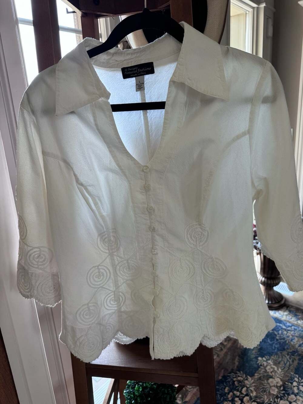 G. Designs Natural Fashions White 100% Cotton Embroidered Button-Front Blouse